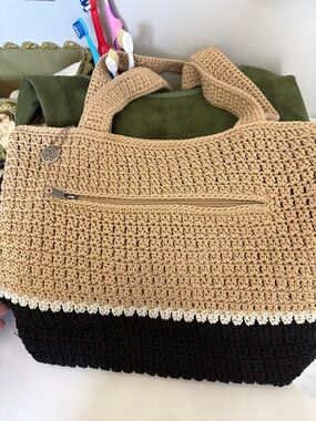 The Sak Crochet Tote in Tan, Black and Cream